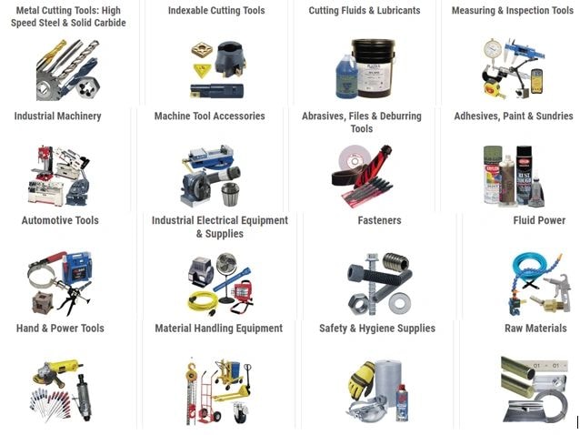 Product category grid showing Metal Cutting Tools, Indexable Cutting Tools, Cutting Fluids, Measuring Tools, Industrial Machinery, Abrasives, Safety Supplies, and more